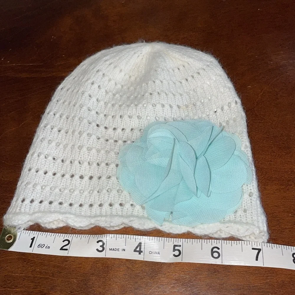 Carter’s Baby Girl White Knit Beanie Hat with Aqua Blue Flower 3-9 Months